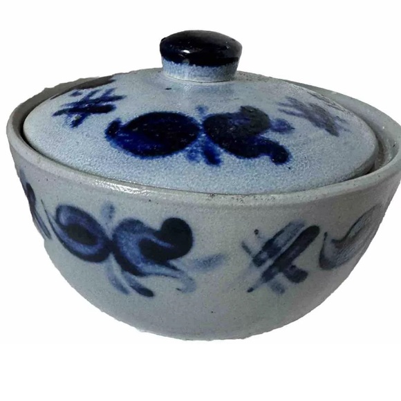 unbranded Other - Vintage German Pottery Salt Glaze #2 Covered Pot With Lid Hand Painted Blue